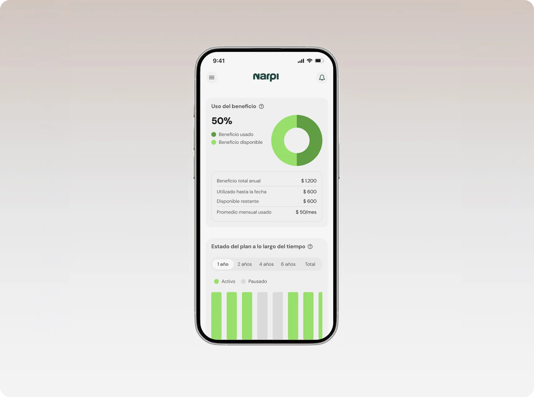 Narpi app dashboard on a phone